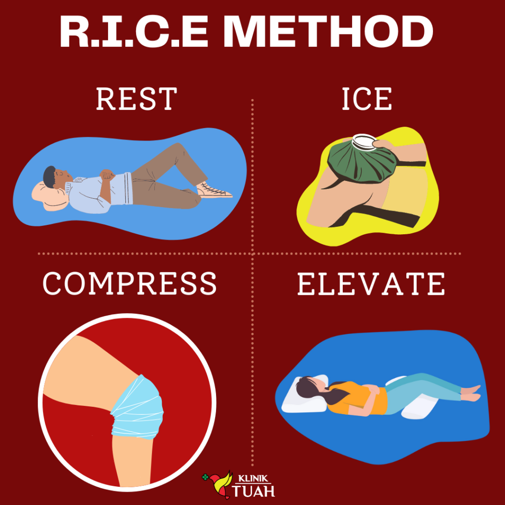 Image shows R.I.C.E method as one of knee pain treatment Klinik Tuah 